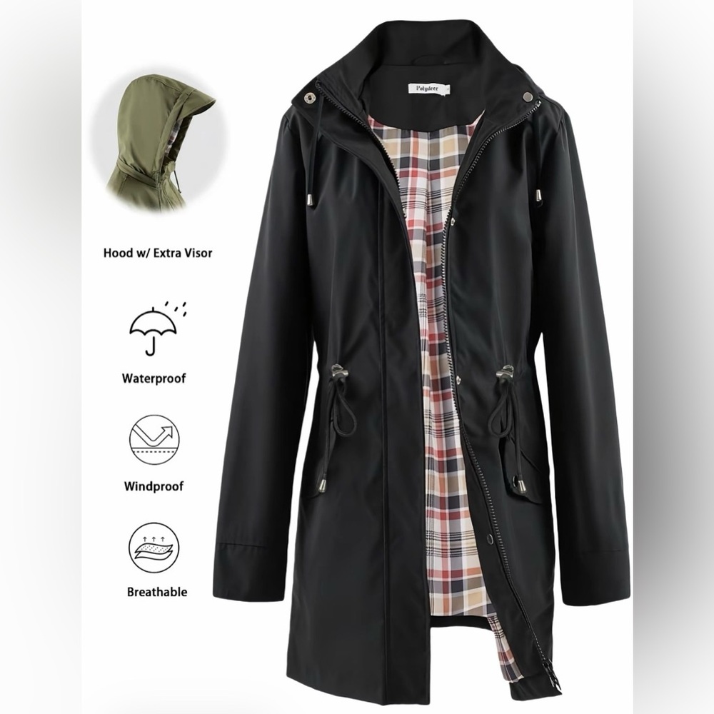 New Women's Black Removable Hooded Tench Coat Rain Jacket & Brim, Lightweight - Picture 4 of 5